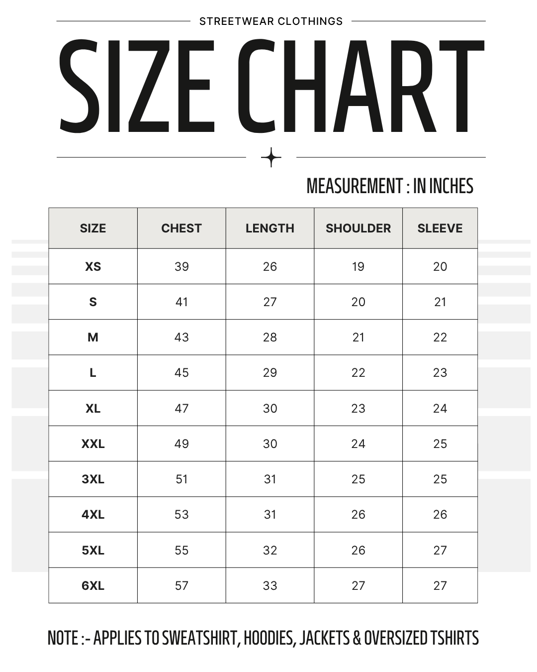 Size chart for streetwear clothing measurements in inches
