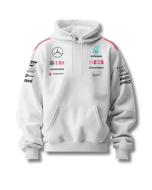 White Petronas Inspired Cotton Fleece Hoodie Front View