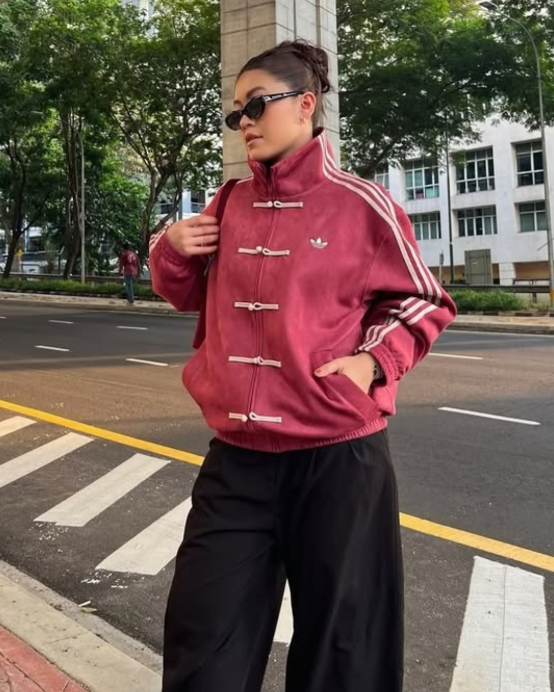 Red suede CNY jacket unisex front view premium streetwear
