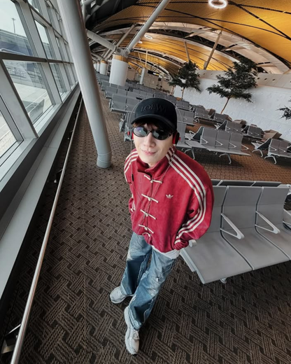 Red suede CNY jacket unisex full front and back view