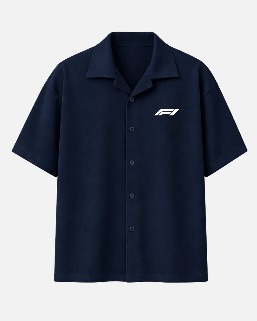 Navy blue Formula 1 inspired boxy fit shirt front view