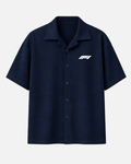 Navy blue Formula 1 inspired boxy fit shirt front view