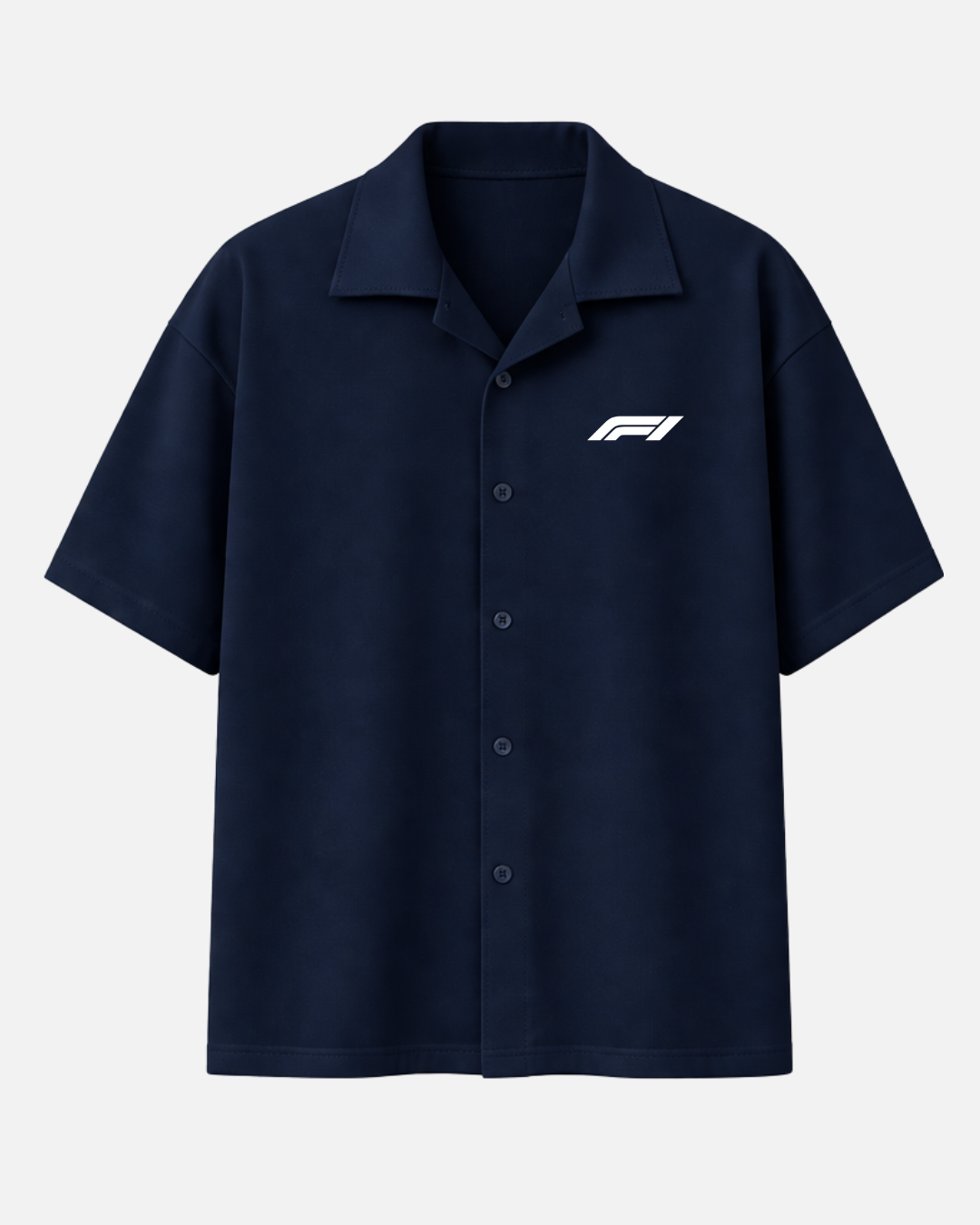 Navy blue Formula 1 inspired boxy fit shirt front view