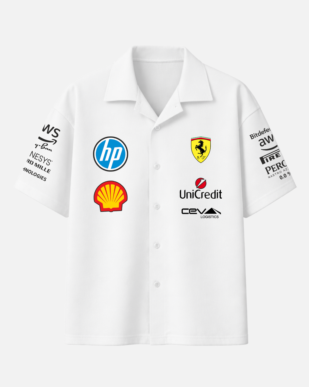 White Formula 1 Italian racing inspired boxy fit shirt front view