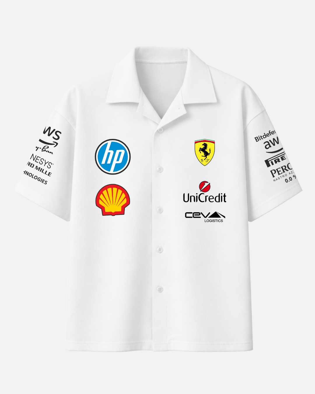White Formula 1 Italian racing inspired boxy fit shirt front view
