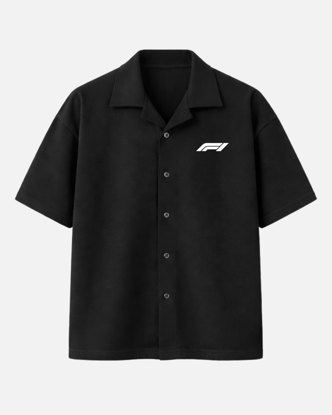 Black Hamilton Formula 1 inspired boxy fit shirt front view
