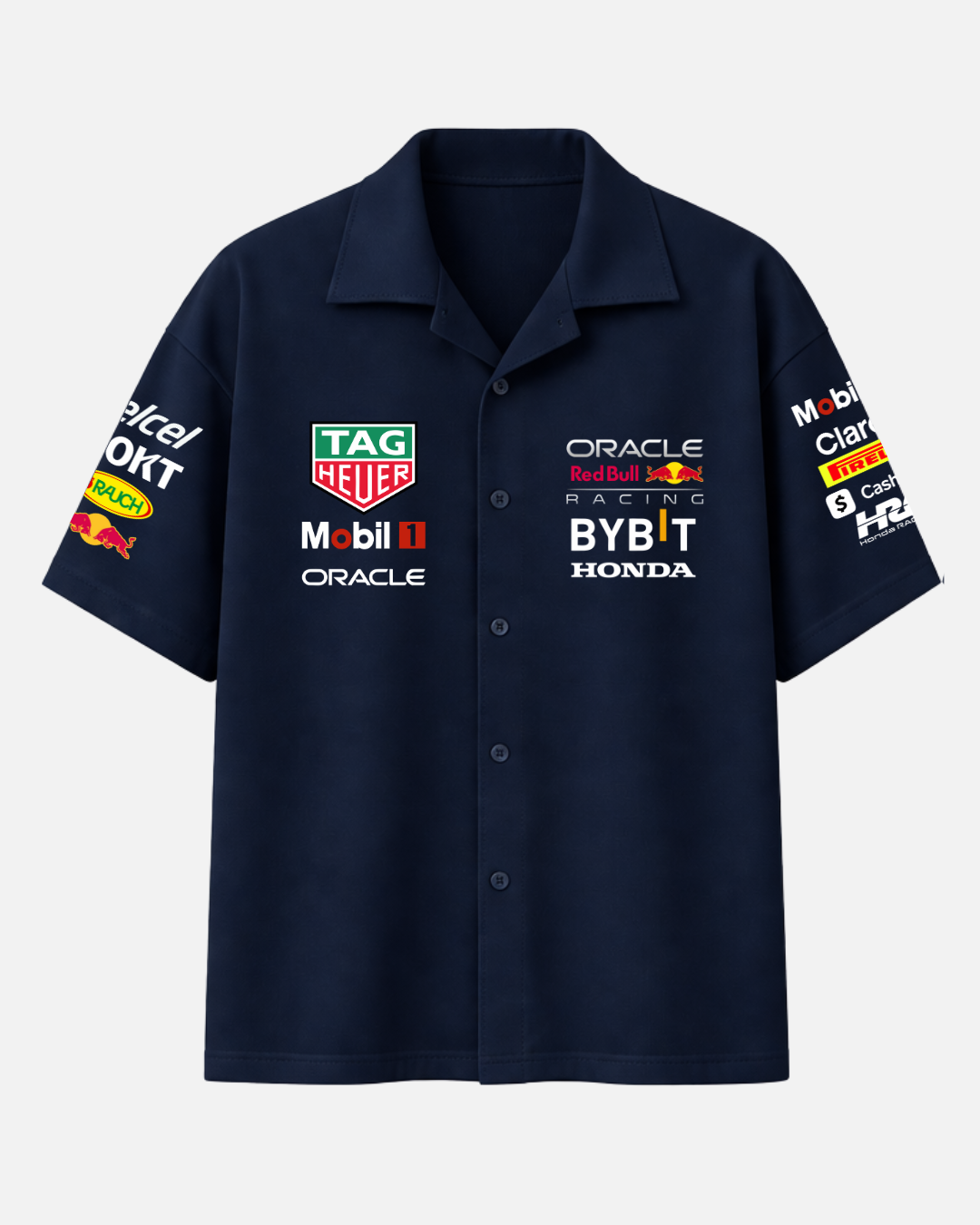 Navy blue Red Bull Formula 1 inspired boxy fit shirt front view
