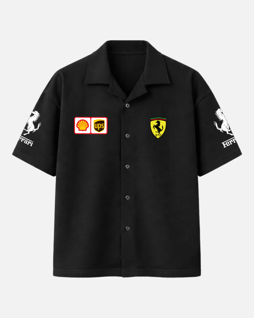 Black Porsche Formula 1 inspired boxy fit shirt front view
