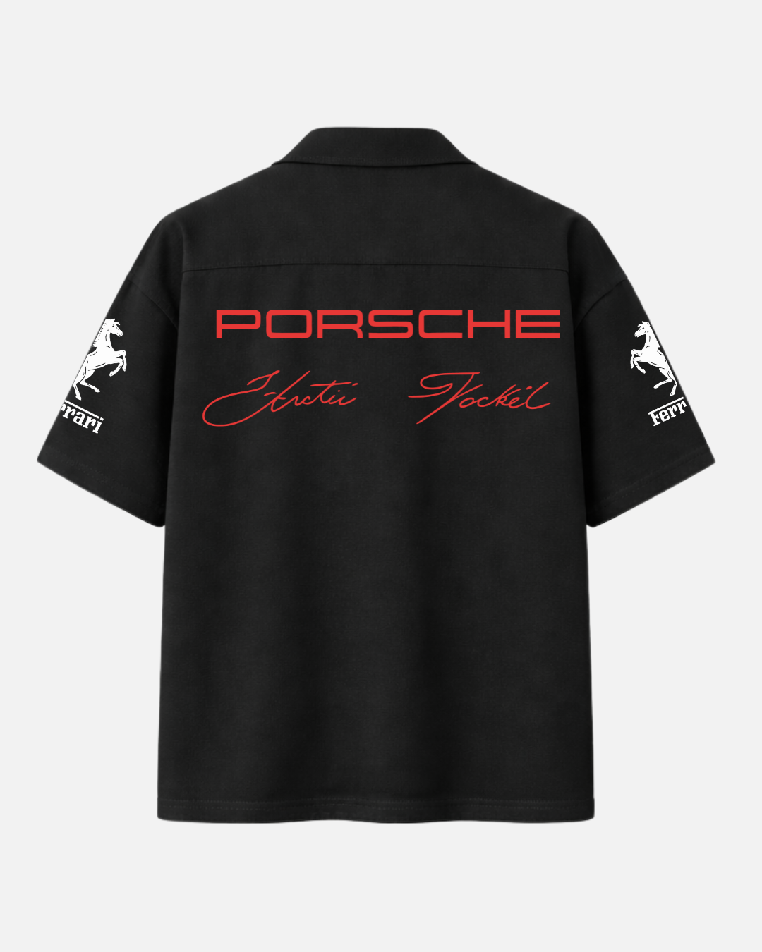 Black Porsche inspired motorsport boxy fit shirt