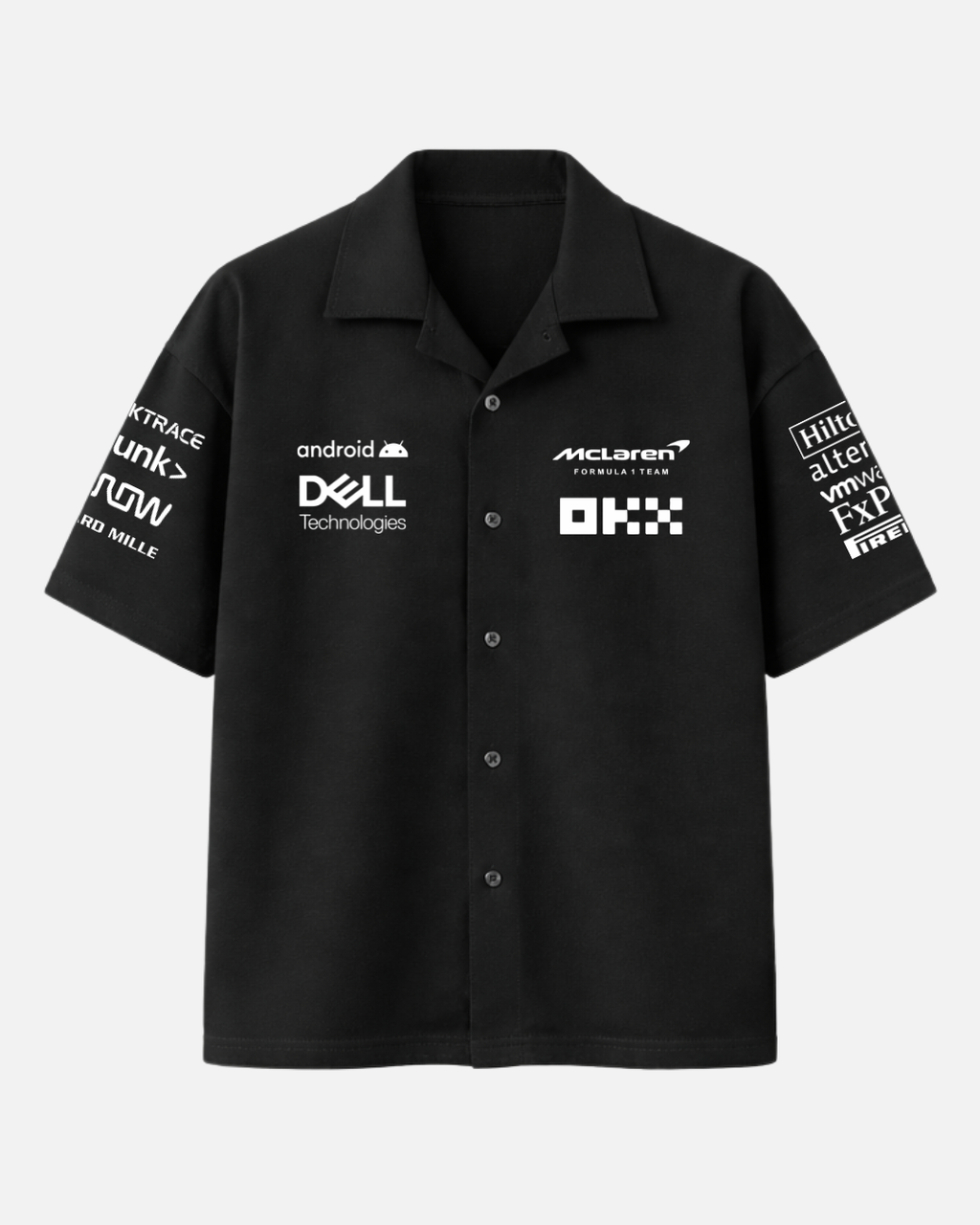 Black McLaren Formula 1 inspired boxy fit shirt front view