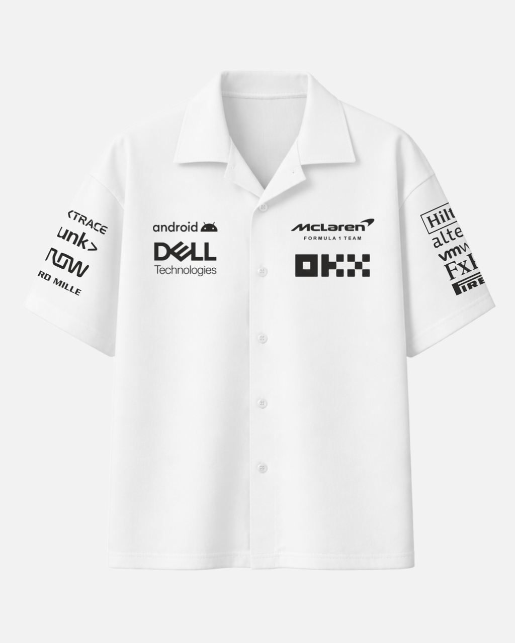 White McLaren Formula 1 inspired boxy fit shirt front view