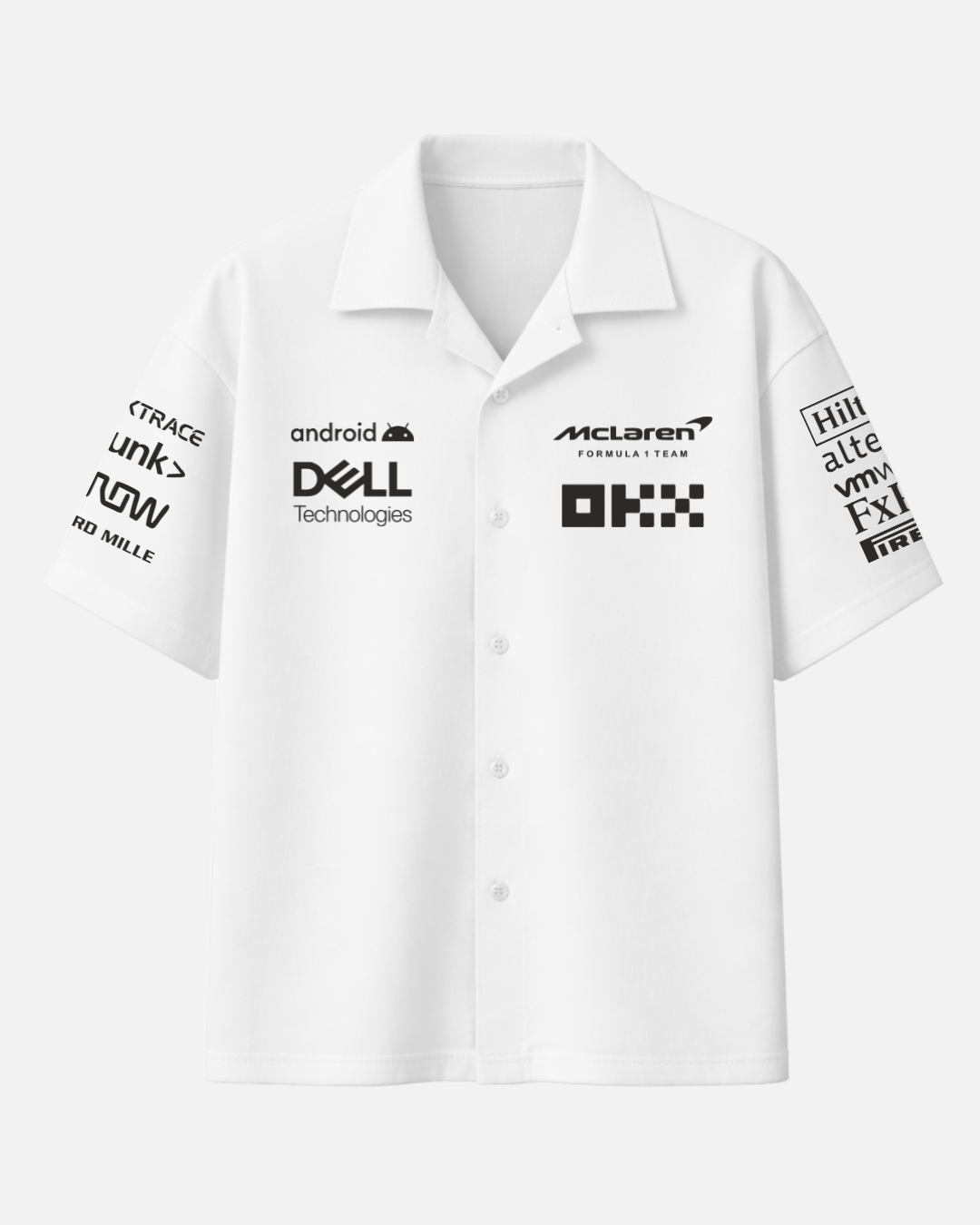 White McLaren Formula 1 inspired boxy fit shirt front view