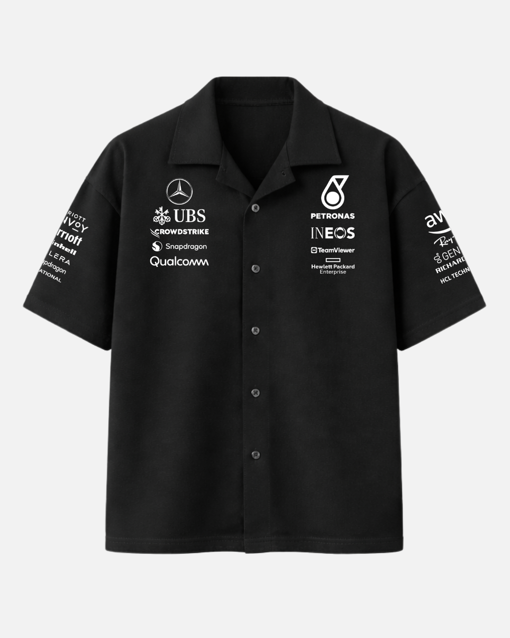 Black Petronas Formula 1 inspired boxy fit shirt front view