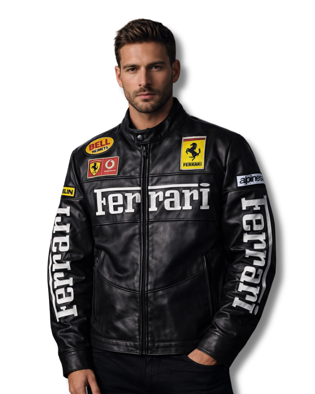 Black Ferrari Faux Leather Racing Jacket – Premium Motorsport Streetwear (Unisex)