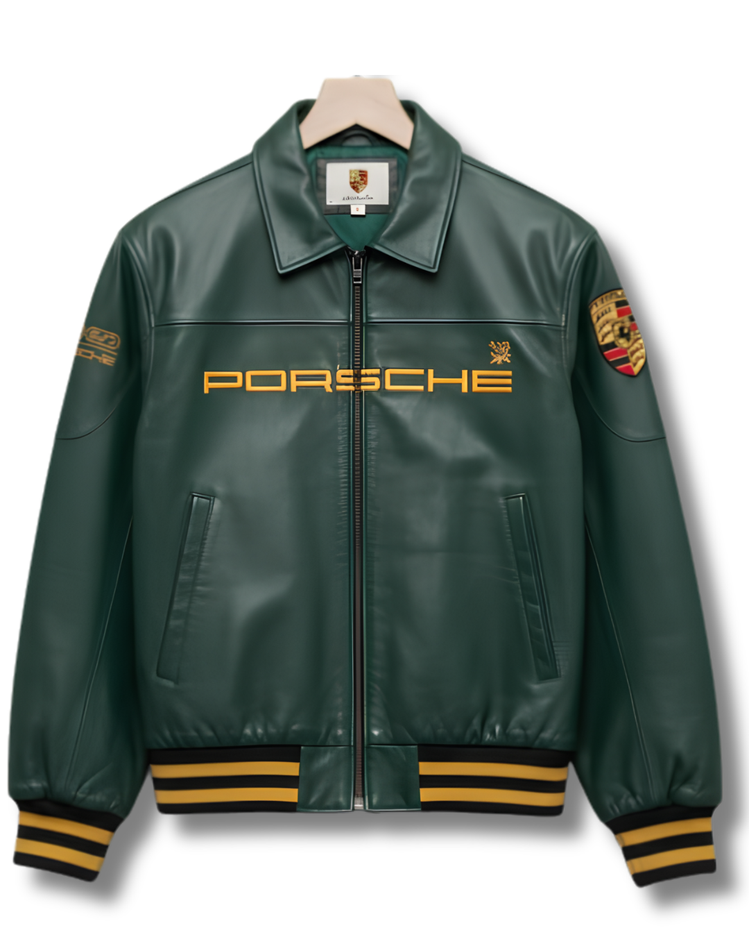 Vintage Racing Leather Jacket – Porsche-Inspired Green & Gold Bomber Jacket.