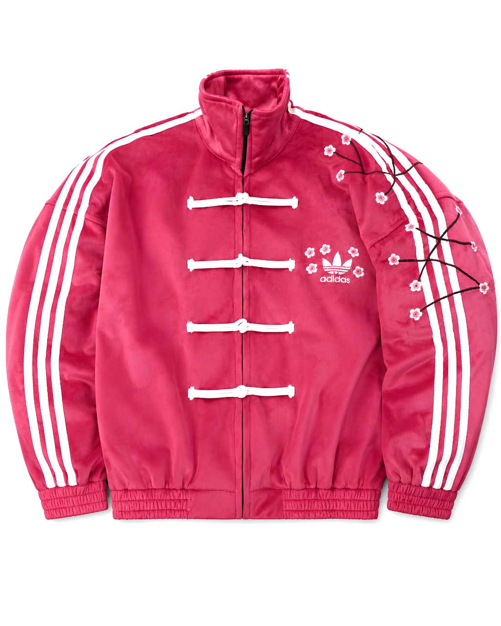 Sakura-Inspired Pink Velvet Chinese Collar Track Cny Jacket with Floral Embroidery.