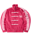 Sakura-Inspired Pink Velvet Chinese Collar Track Cny Jacket with Floral Embroidery.