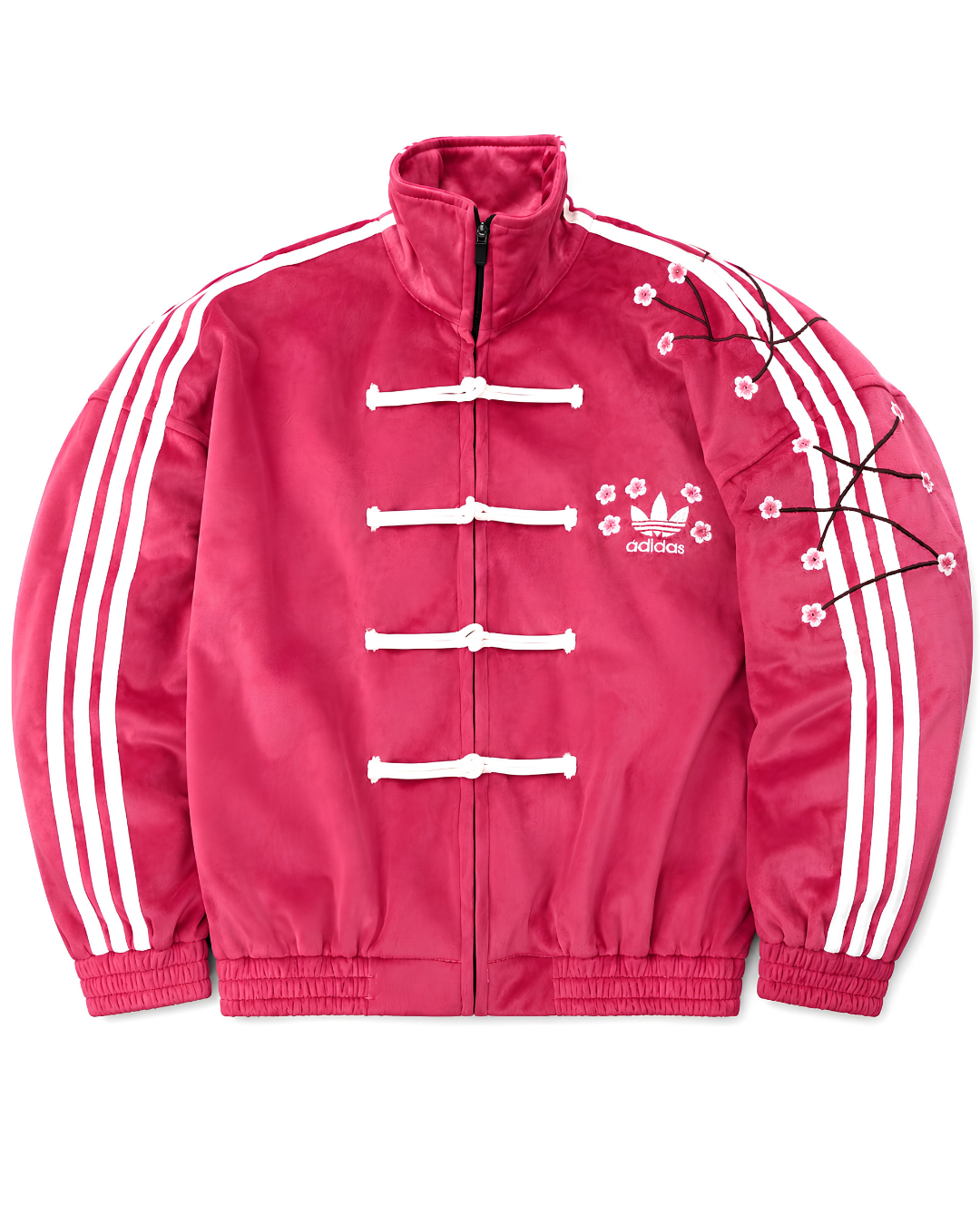 Sakura-Inspired Pink Velvet Chinese Collar Track Cny Jacket with Floral Embroidery.