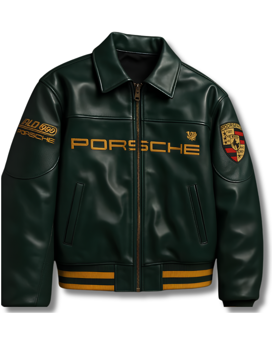 Vintage Racing Leather Jacket – Porsche-Inspired Green & Gold Bomber Jacket.