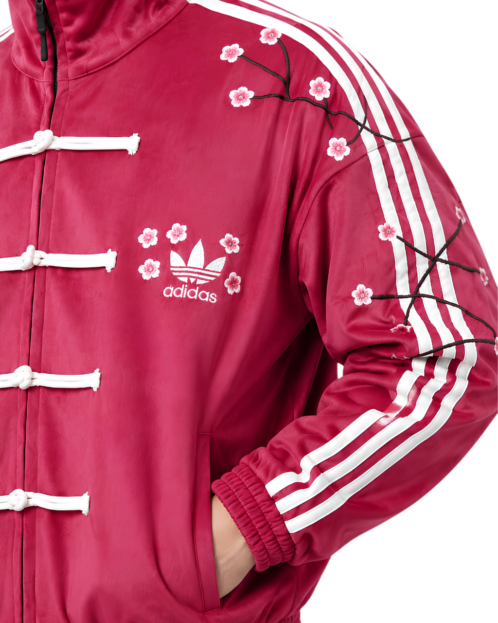 Sakura-Inspired Pink Velvet Chinese Collar Track Cny Jacket with Floral Embroidery.