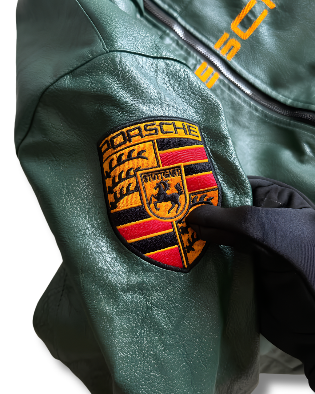 Vintage Racing Leather Jacket – Porsche-Inspired Green & Gold Bomber Jacket.