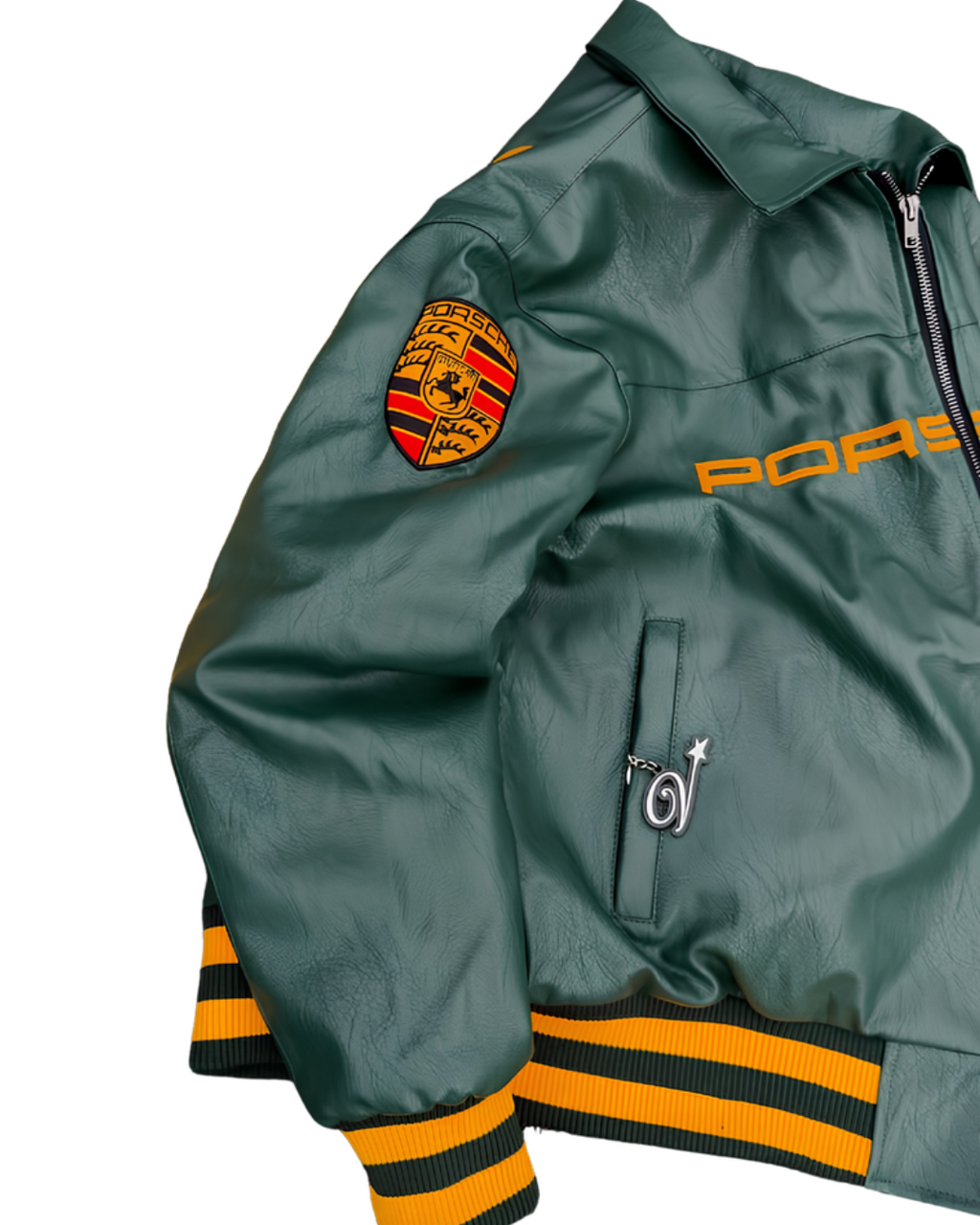 Vintage Racing Leather Jacket – Porsche-Inspired Green & Gold Bomber Jacket.