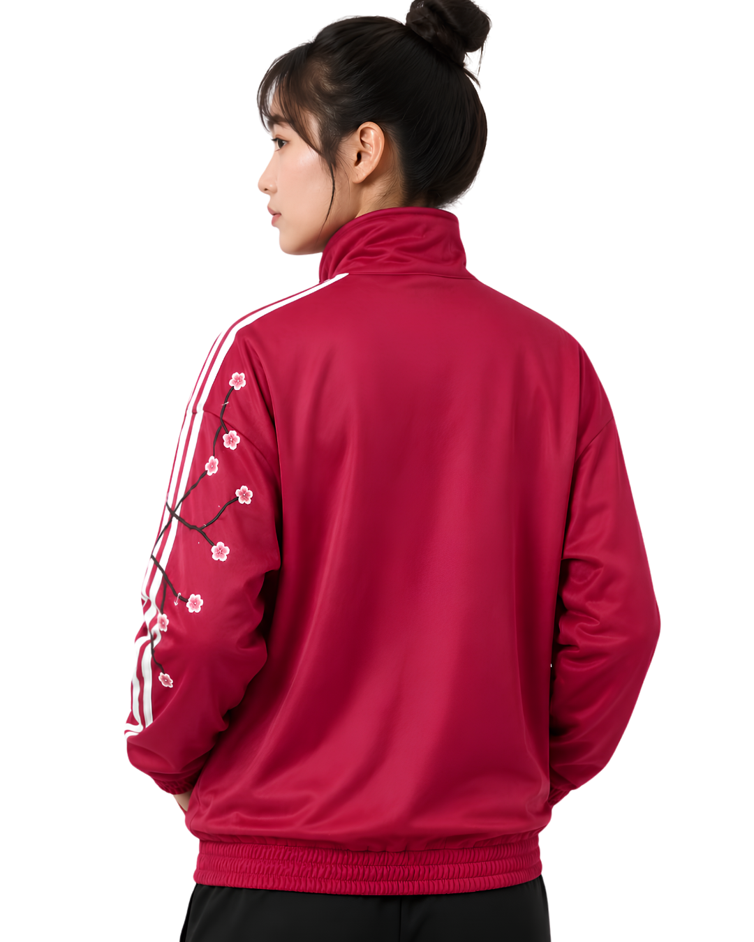 Sakura-Inspired Pink Velvet Chinese Collar Track Cny Jacket with Floral Embroidery.