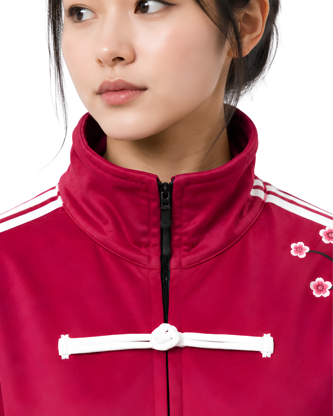 Sakura-Inspired Pink Velvet Chinese Collar Track Cny Jacket with Floral Embroidery.