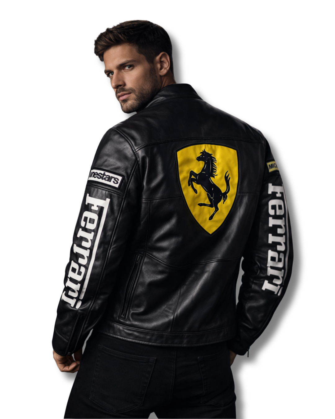 Black Ferrari Faux Leather Racing Jacket – Premium Motorsport Streetwear (Unisex)