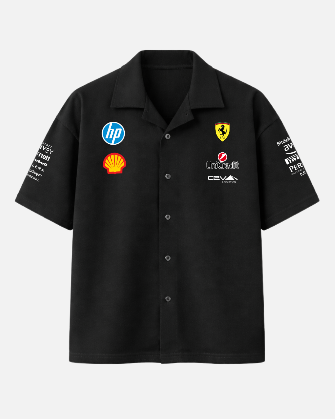Black Formula 1 Italian racing inspired boxy fit shirt front view