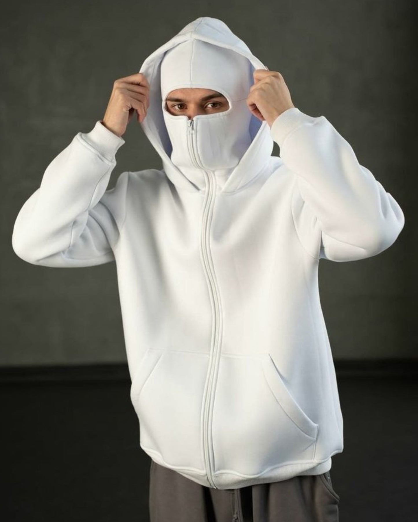Unisex White Balaclava Hoodie | Premium Cotton Fleece by Streetwear