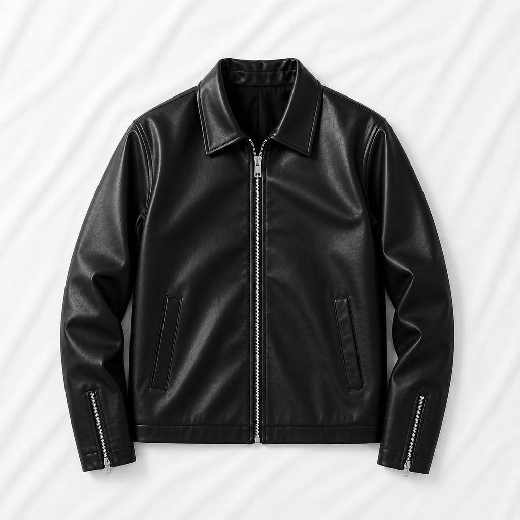 black faux leather jacket for men front view
