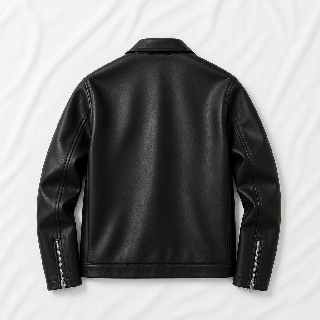 stylish black biker faux leather jacket side view