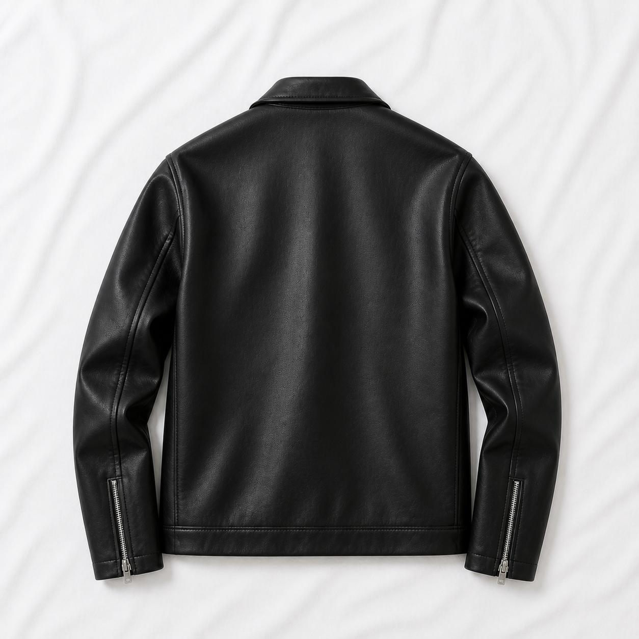 stylish black biker faux leather jacket side view