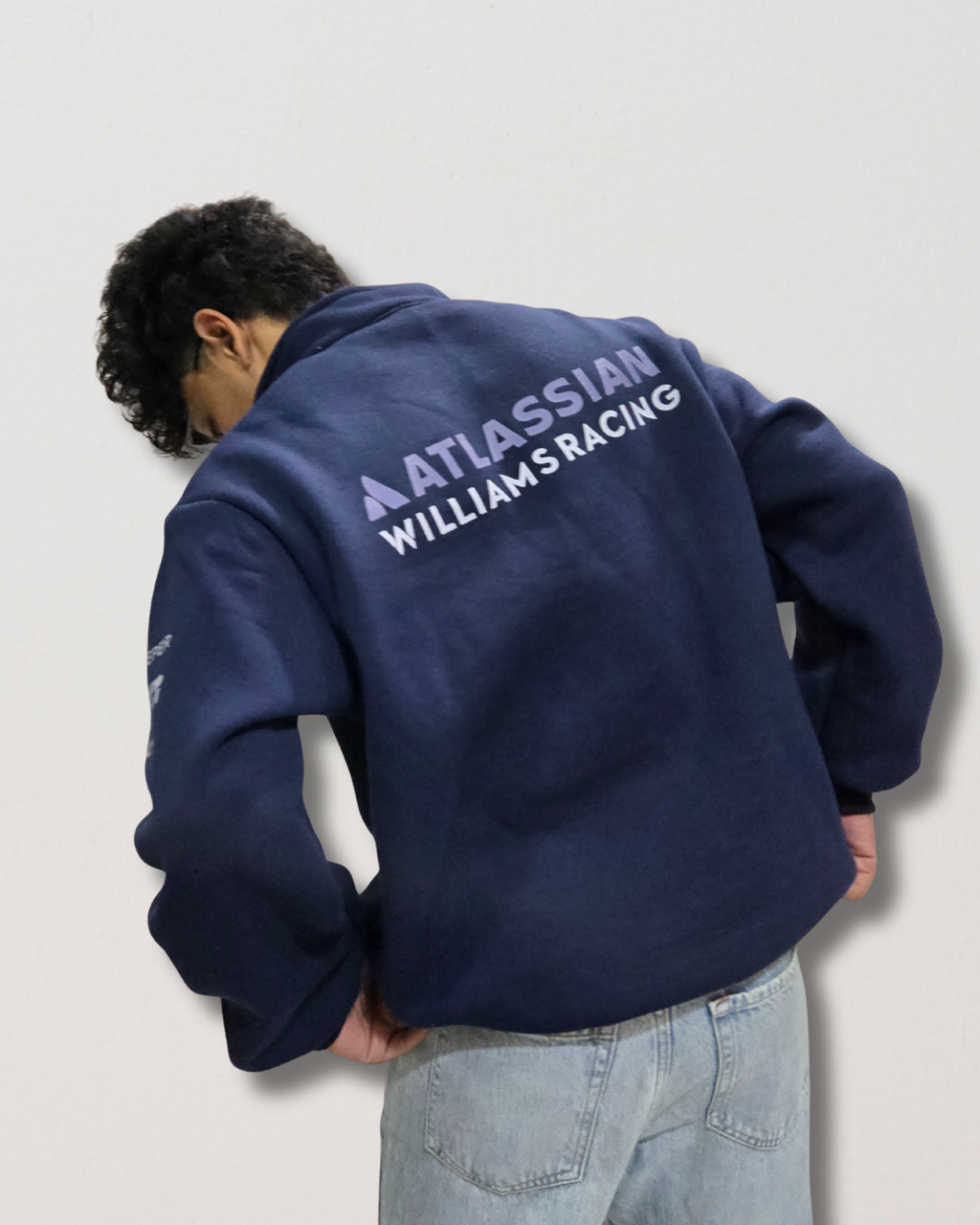 Navy sweatshirt inspired by Atlassian branding, comfortable streetwear pullover with clean logo aesthetic and relaxed fit