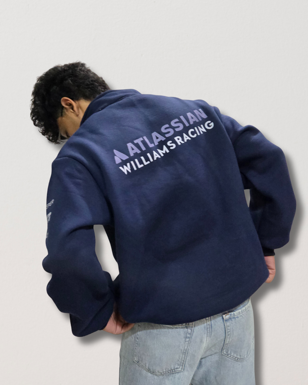 Navy sweatshirt inspired by Atlassian branding, comfortable streetwear pullover with clean logo aesthetic and relaxed fit
