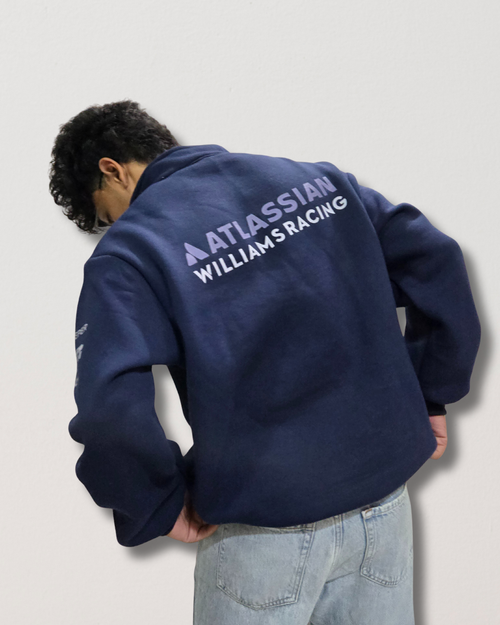 Navy sweatshirt inspired by Atlassian branding, comfortable streetwear pullover with clean logo aesthetic and relaxed fit