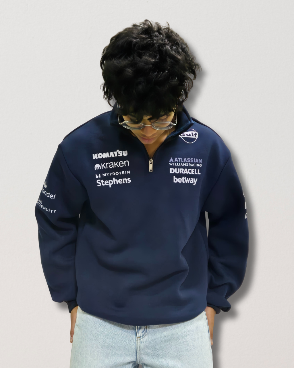 Atlassian inspired navy blue sweatshirt for men and women, premium cotton fabric with minimal corporate tech style design