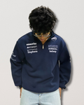 Atlassian inspired navy blue sweatshirt for men and women, premium cotton fabric with minimal corporate tech style design