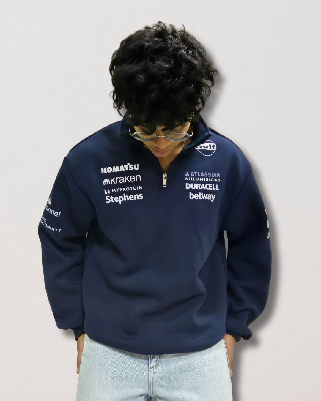 Atlassian inspired navy blue sweatshirt for men and women, premium cotton fabric with minimal corporate tech style design