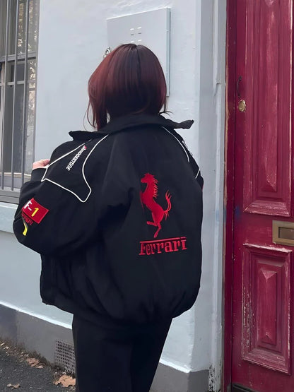 Men's Black Ferrari F1 Racing Jacket | Streetwear Formula 1 Bomber