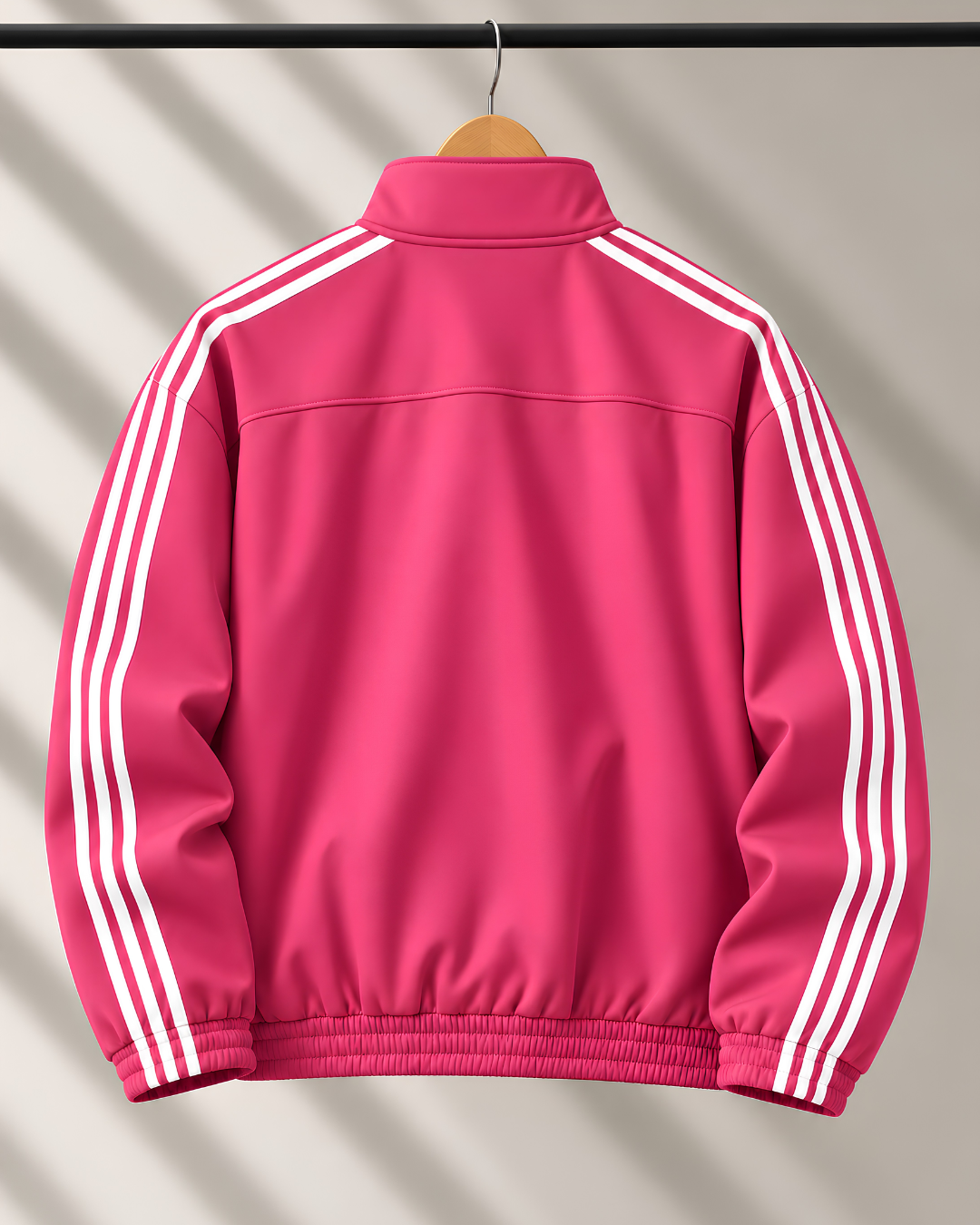 Back view of pink Chinese inspired track jacket featuring white triple stripe sleeves.