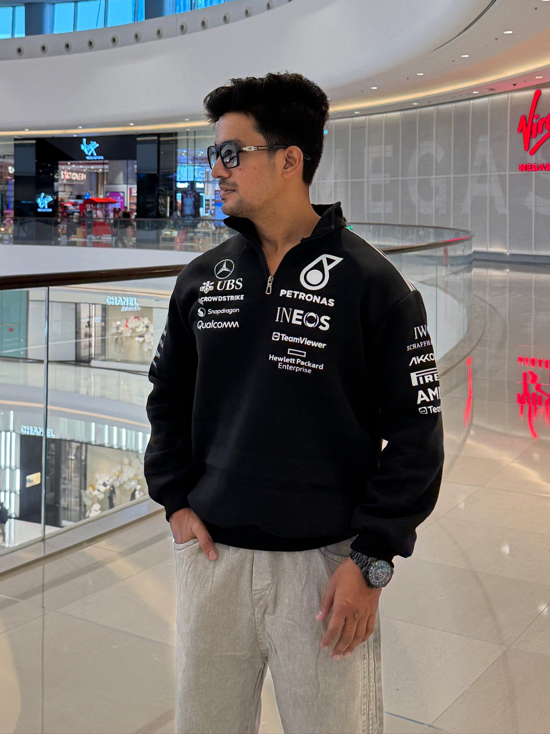 Black F1 inspired Petronas sweatshirt for men and women, premium cotton streetwear with racing aesthetic