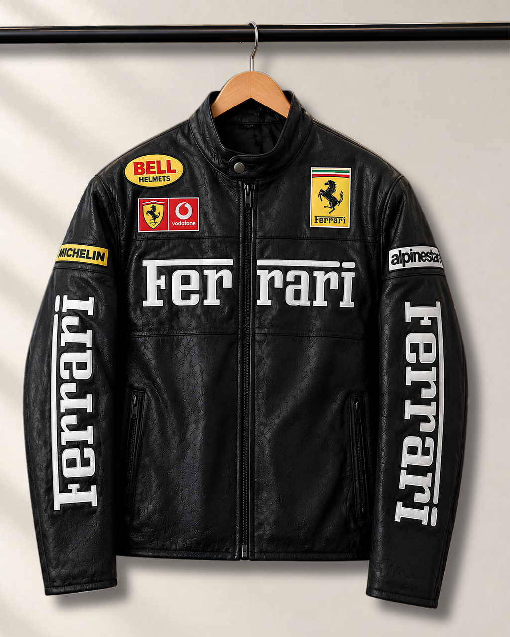 Black Ferrari inspired leather racing jacket