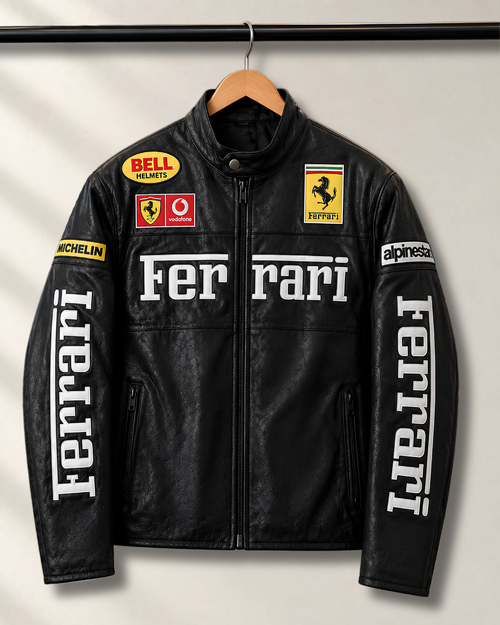 Black Ferrari inspired leather racing jacket