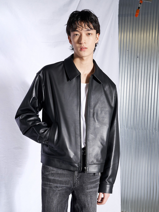 Black leather jacket for men, stylish everyday outerwear with classic moto look