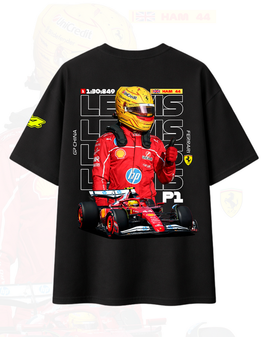 Black oversized Formula 1 inspired T-shirt back print design Lewis Hamilton racing theme streetwear
