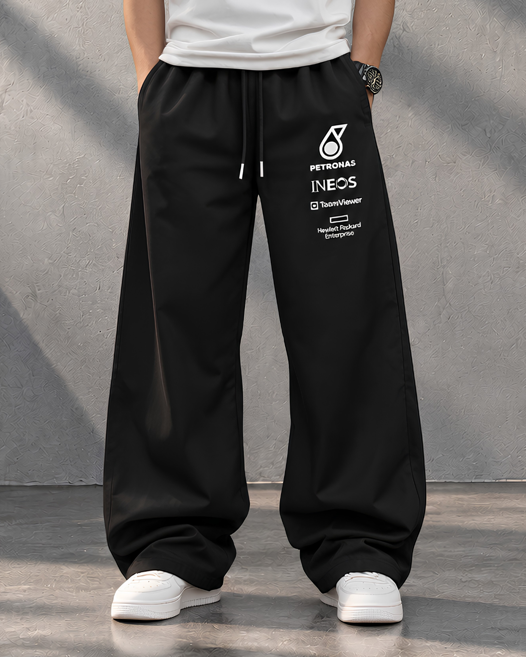 Black Motorsport Track Pants, Black Baggy Track Pants