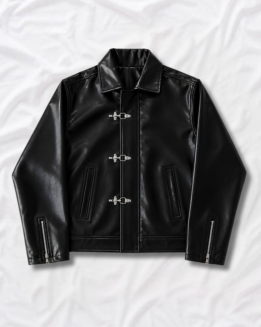 Black fireman clasp faux leather jacket front view