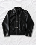 Black fireman clasp faux leather jacket front view